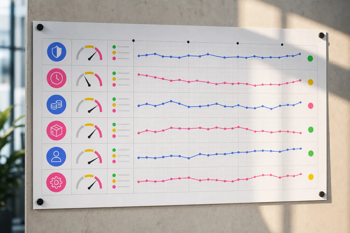 Tableau de bord SQCDP avec tendances sur 12 semaines et codes couleur